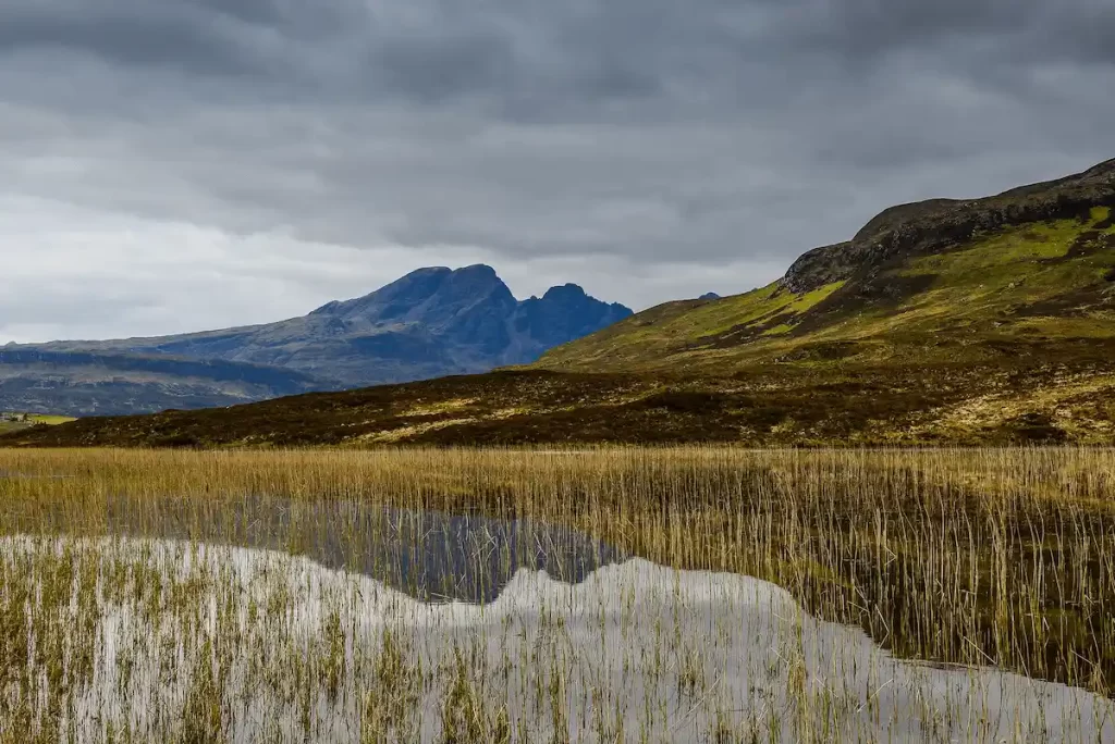 Marshy loch with reeds, grassy hills and a distant mountain beneath cloudy skies on the Isle of Skye, Scotland.