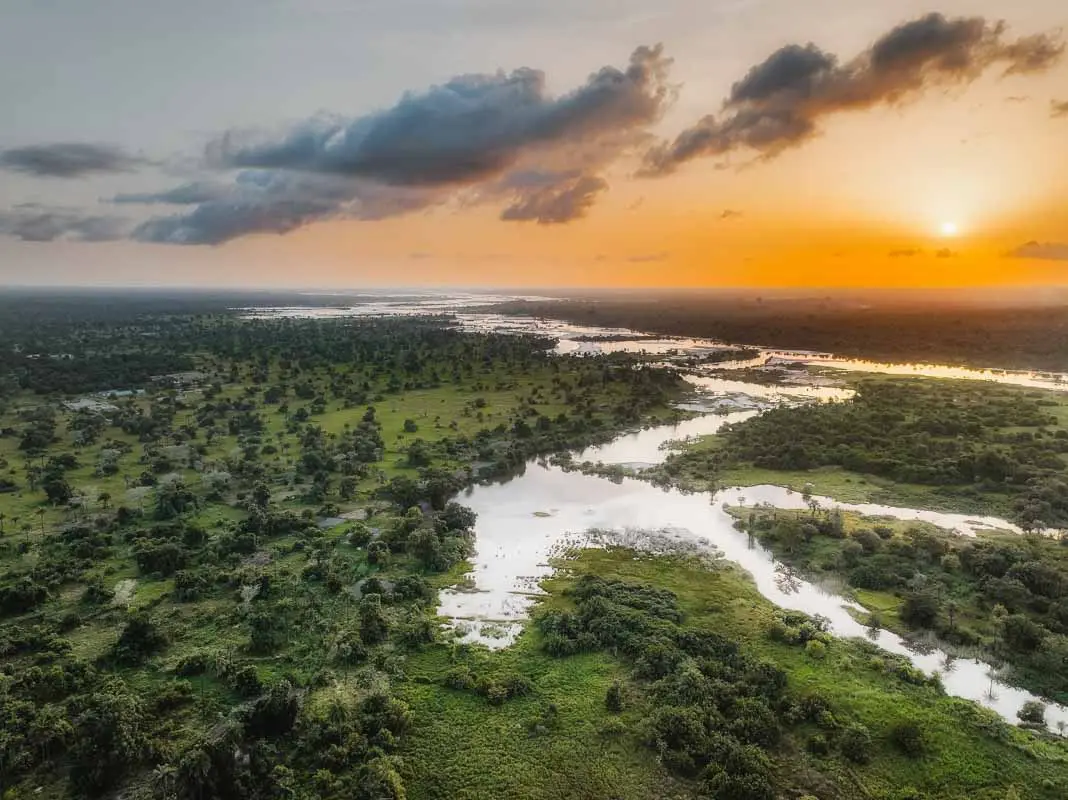 Aerial View of Gambian Wetlands and Delta at Sunset – Photography by Benjamin Smail, Nature Talks Photography guide